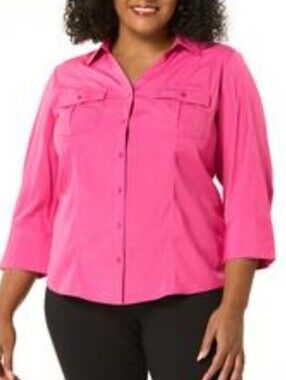 Classic Pink Button-Front Collared Blouse 3/4 Sleeve Plus petite